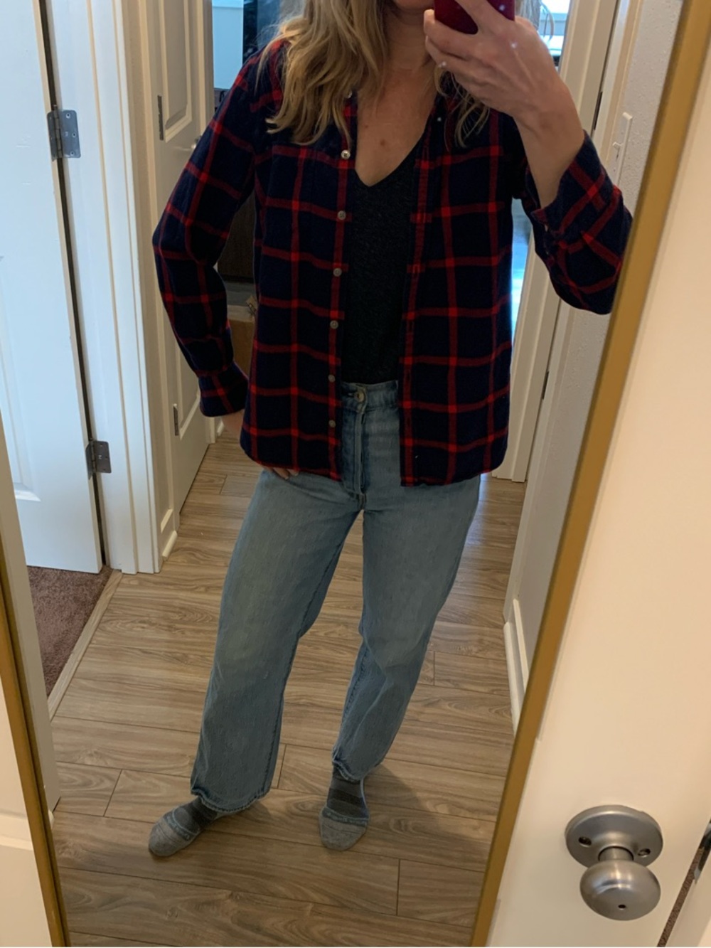 J. Crew Navy and Red Plaid Button-Up Shirt with Chest Pocket